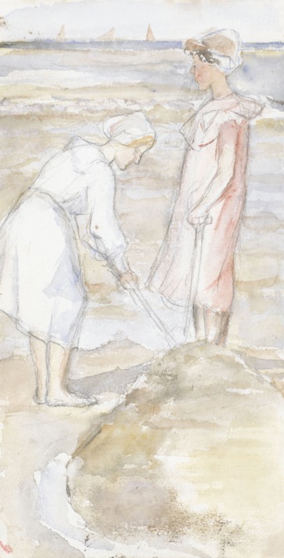 Two girls in pink and white on the beach, 1834-1911. Creator: Jozef Israels.
