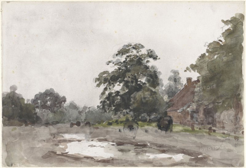 Farmyard under tall trees with water in the foreground, 1845-1925. Creator: Julius Jacobus van de Sande Bakhuyzen.