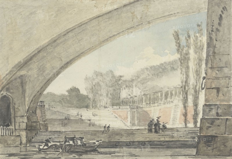 View under a bridge to terraces and a staircase, 1750-1806. Creator: Louis Gabriel Moreau.