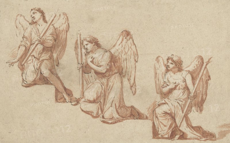 Three studies of kneeling angels with torches, 1690-1699. Creator: Marc Antonio Franceschini.