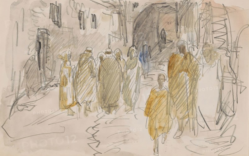 Street with standing figures in a circle, 1923. Creator: Marius Bauer.
