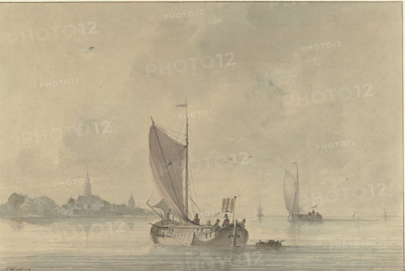 Sailing barges on the water in front of a Dutch town, 1758-1815. Creator: Nicolaas Wicart.