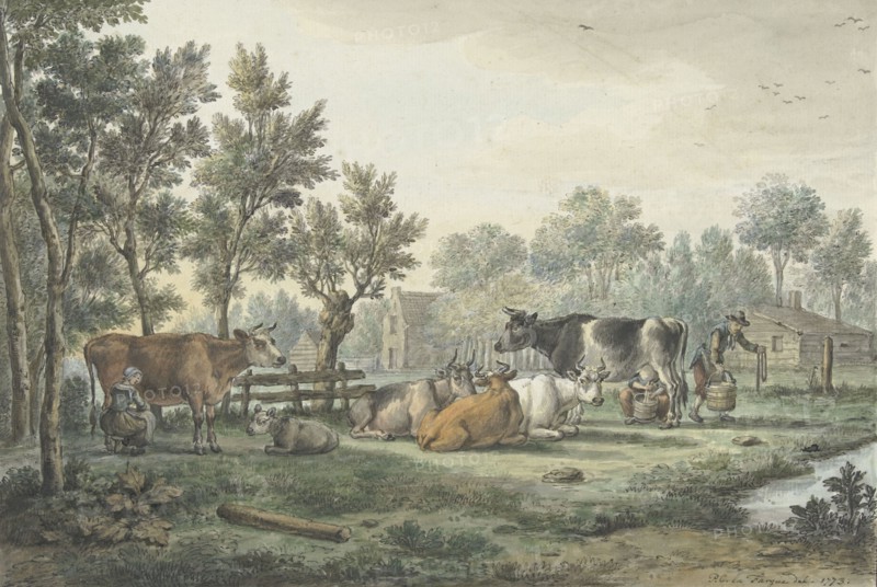 Meadow with cows being milked, 1773. Creator: Paulus Constantijn la Fargue.