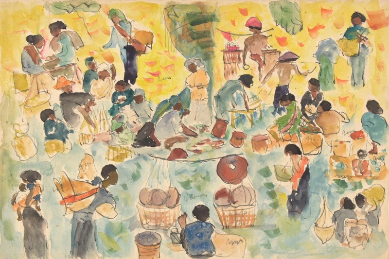 Market scene in the Dutch East Indies, 1886-1947. Creator: Pierre Jean Apol.