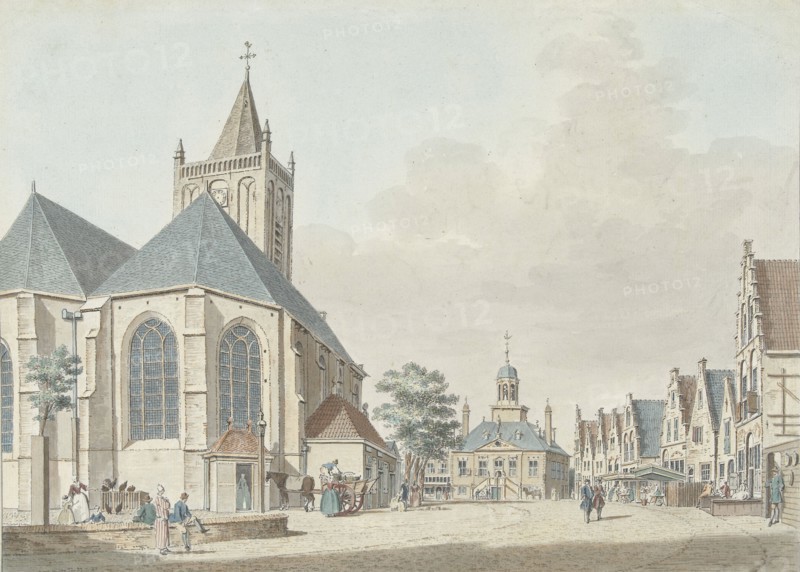 The market in Vlaardingen with the church and the town hall, 1737-1779. Creator: Pieter Jan van Liender.