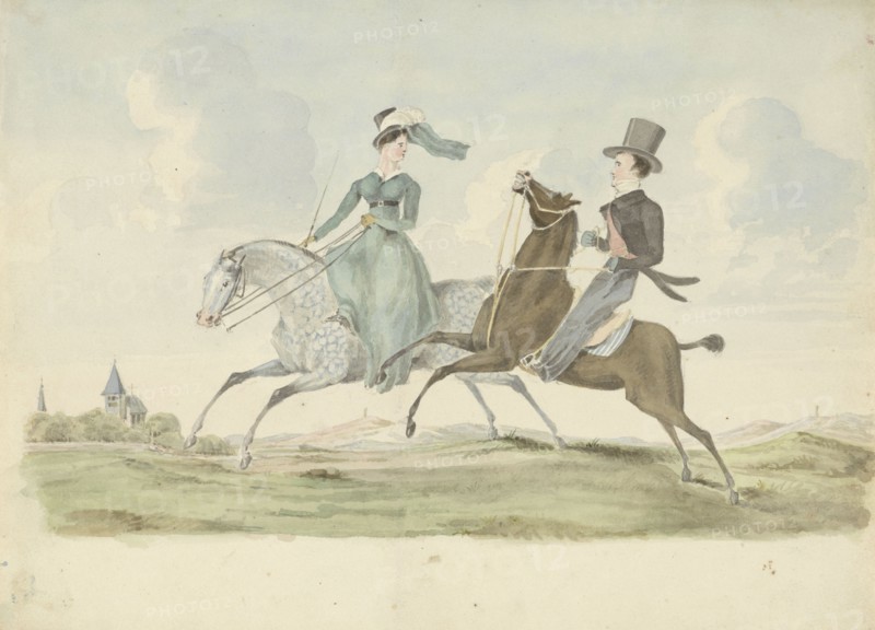 Man and woman on horseback in a landscape, 1811-1873. Creator: Pieter van Loon.