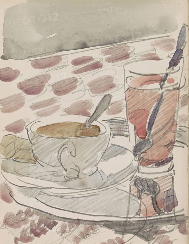 Tray with a cup, saucer and glass on a table, c.1916. Creator: Reijer Stolk.