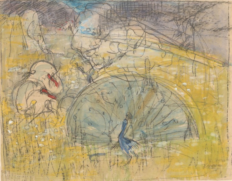Displaying peacock and two turkeys, 1873-1917. Creator: Theo van Hoytema.