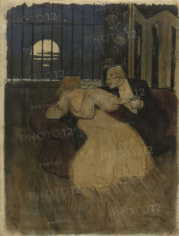 Gentleman tries to persuade a doubting lady on a sofa, 1869-1923. Creator: Theophile Alexandre Steinlen.