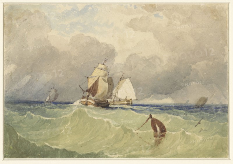 Three-masters and Dutch sailing barge in the open sea, 1830-1880. Creator: Thomas Sewell Robins.