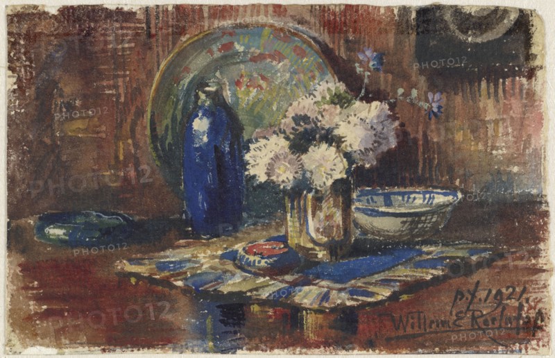 Still life with blue bottle and vase of flowers, 1921. Creator: Willem Elisa Roelofs.