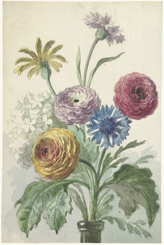 Bouquet of flowers in a green vase, c.1763-c.1825. Creator: Willem van Leen.