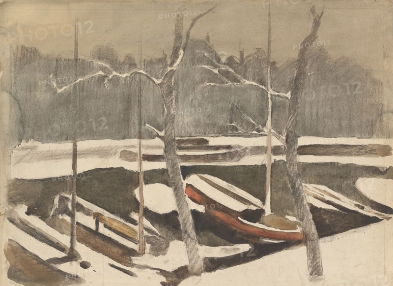 Moored barges on a snowy canal, 1870-1923. Creator: Willem Witsen.