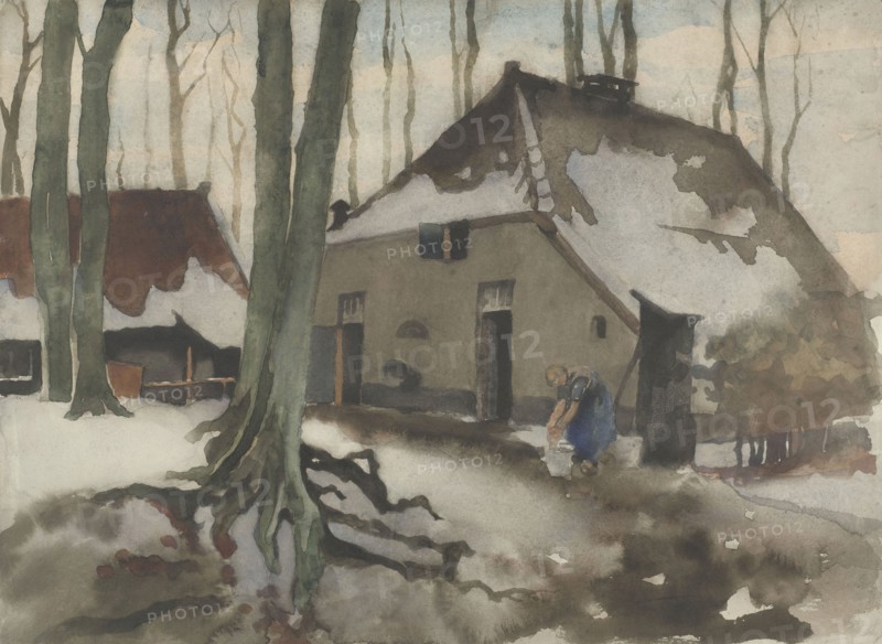 Woman in front of a house in a snowy forest, 1870-1923. Creator: Willem Witsen.