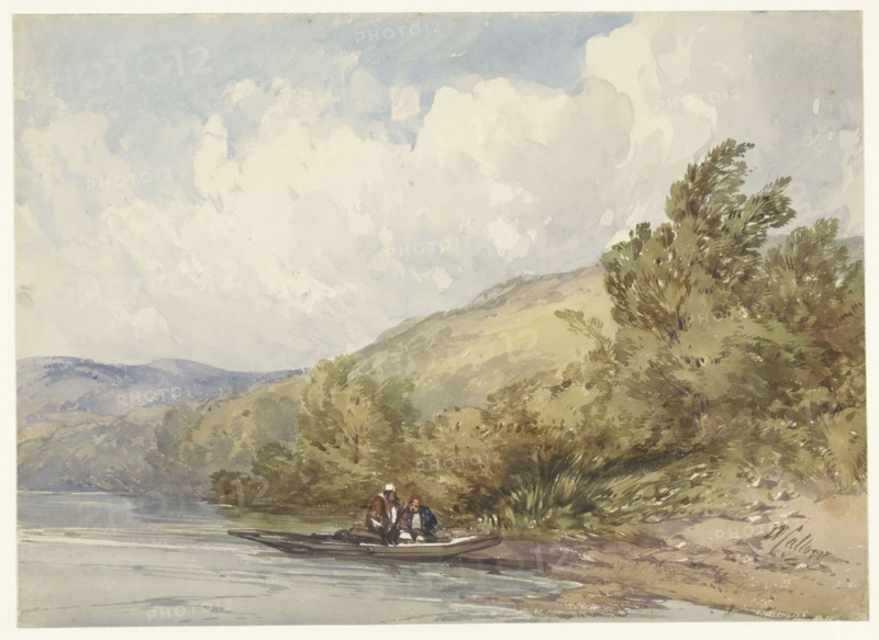 Hilly landscape with a lake and a boat with two figures, 1822-1908. Creator: William Callow.
