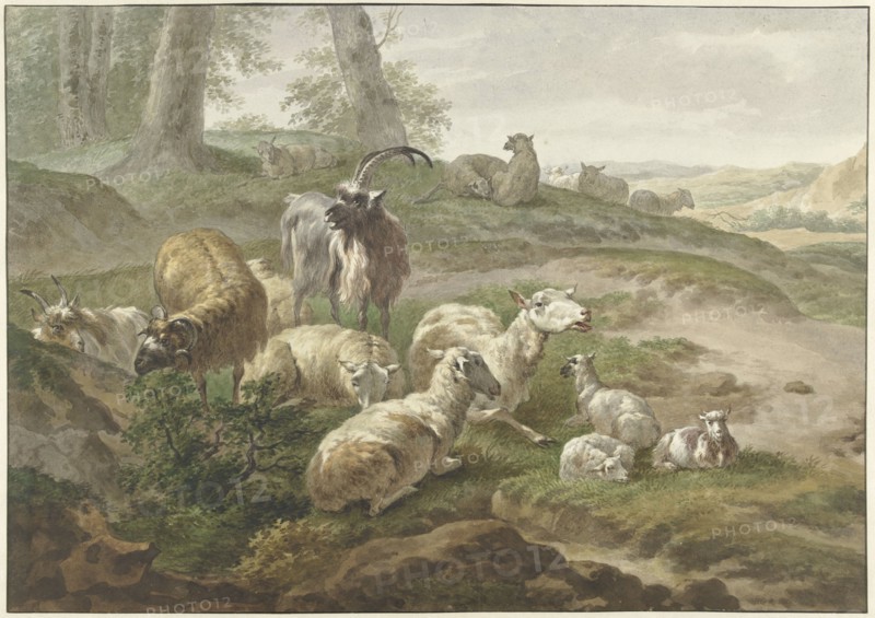 Goats and sheep in a hilly landscape, 1754-1831. Creator: Wybrand Hendriks.