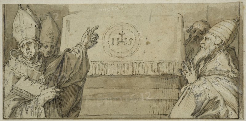 The four Latin church fathers in front of an altar. Creator: Abraham Bloemaert.
