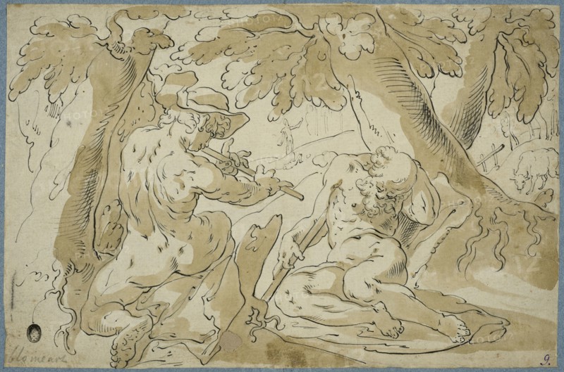 Faun playing flute sleeping shepherd (Merkurius o Argus). Creator: Abraham Bloemaert.