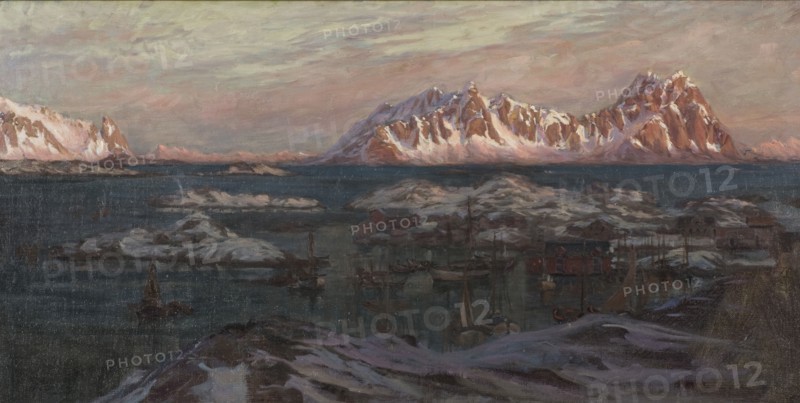 Fishing Harbour with Sunlit Mountains. Study from North Norway, c1900s. Creator: Anna Katarina Boberg.