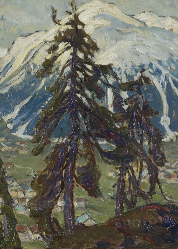 Fir Trees in front of the Mountains. Study from North Norway, c1900s. Creator: Anna Katarina Boberg.