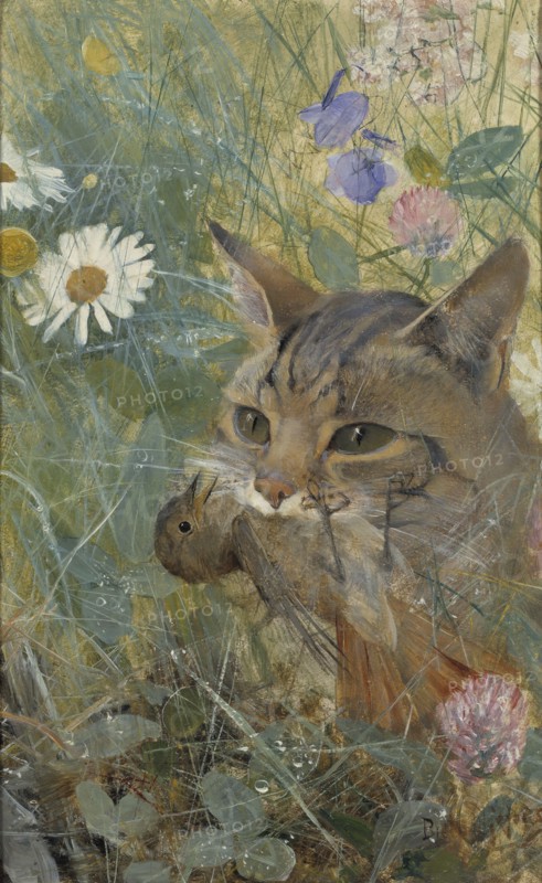 A Cat with a Young Bird in its Mouth. Five studies in one frame, 1885. Creator: Bruno Liljefors.
