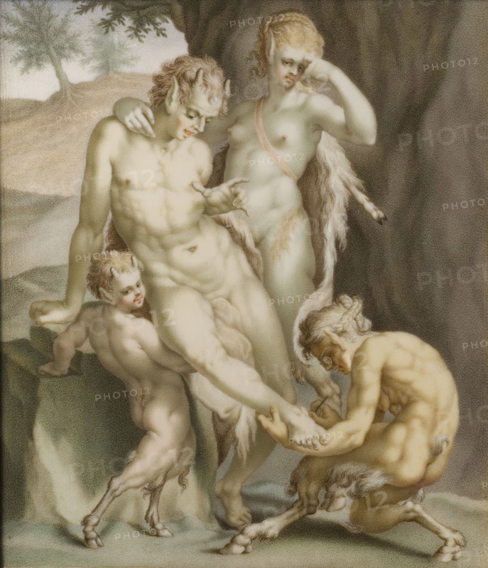 A satyr, a mean, and two fauns, busy pulling out a needle, 1713. Creator: Carl Gustav Klingstedt.