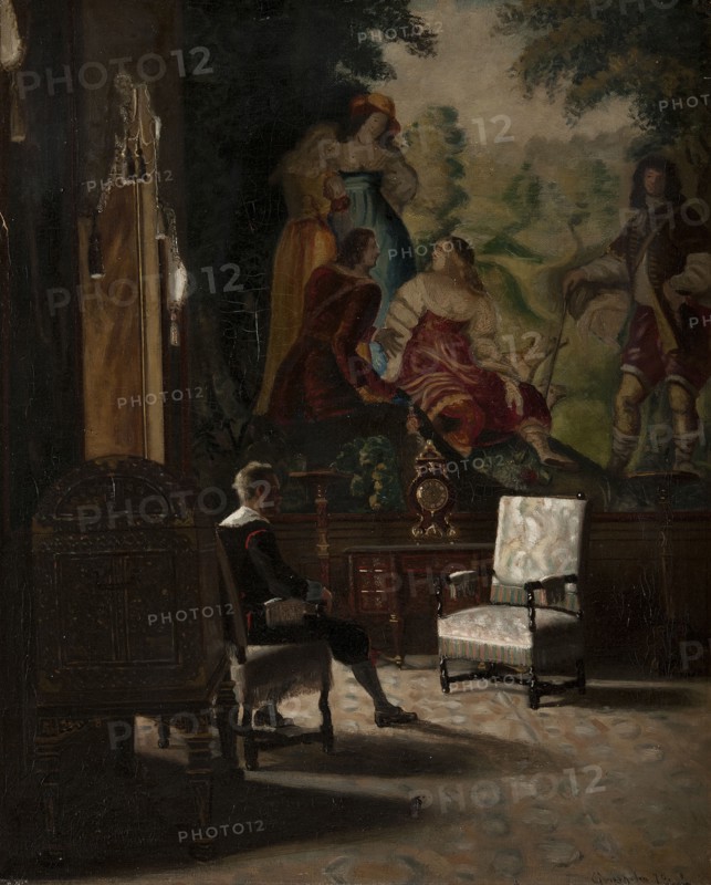 Gripsholm, interior from the King's bedchamber with male staffage figure. Creator: Edvard Perseus.