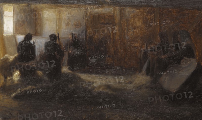 Flax-beating at Tidsvilde, Själland, 1887. Creator: Julius Paulsen.