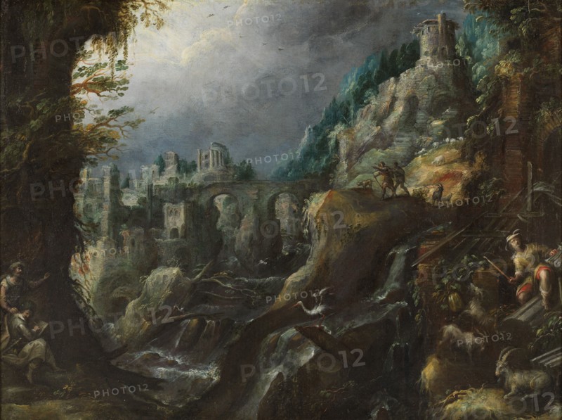 Mountain landscape with rushing river, classical ruins and shepherds, 1590s. Creator: Lambert Doomer.