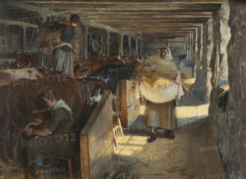 Feeding Time in a Cow-Shed, 1890. Creator: Oscar Bjorck.