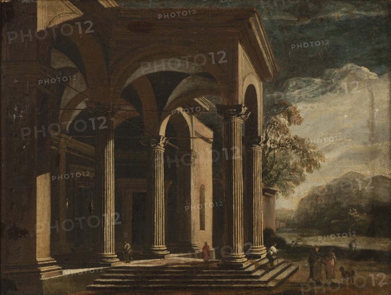 Architectural fantasy, palace in landscape. Creator: Ottavio Viviani.