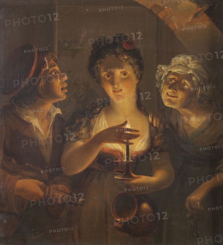 Girl Holding a Candle Standing between a Fiddler and an Old Woman, 1830. Creator: Pehr Berggren.