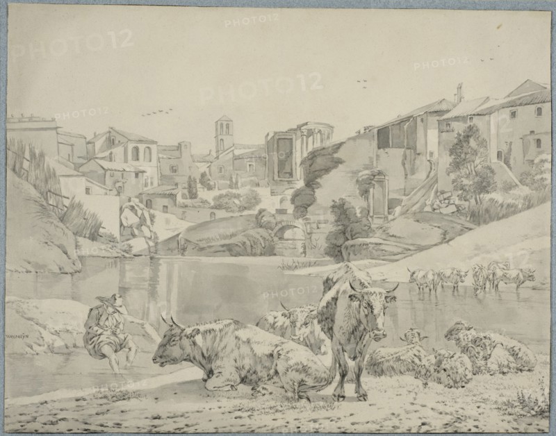 Cattle on the river Aniene in Tivoli. Creator: Willem Romeyn.