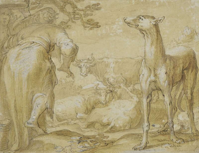 Landscape with two women, a greyhound and cattle. Creator: Unknown.