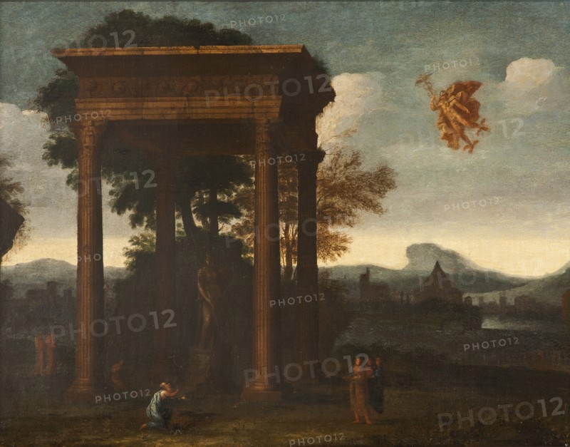Landscape with Open Portico and Flying Mercury, 17th century. Creator: Andreas Achenbach.