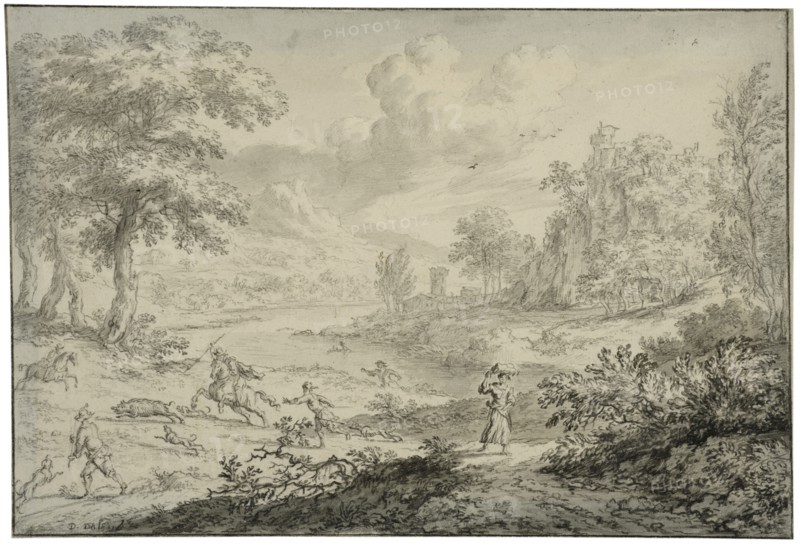Italian landscape with wild boar hunting. Creator: Dirck Dalens II.