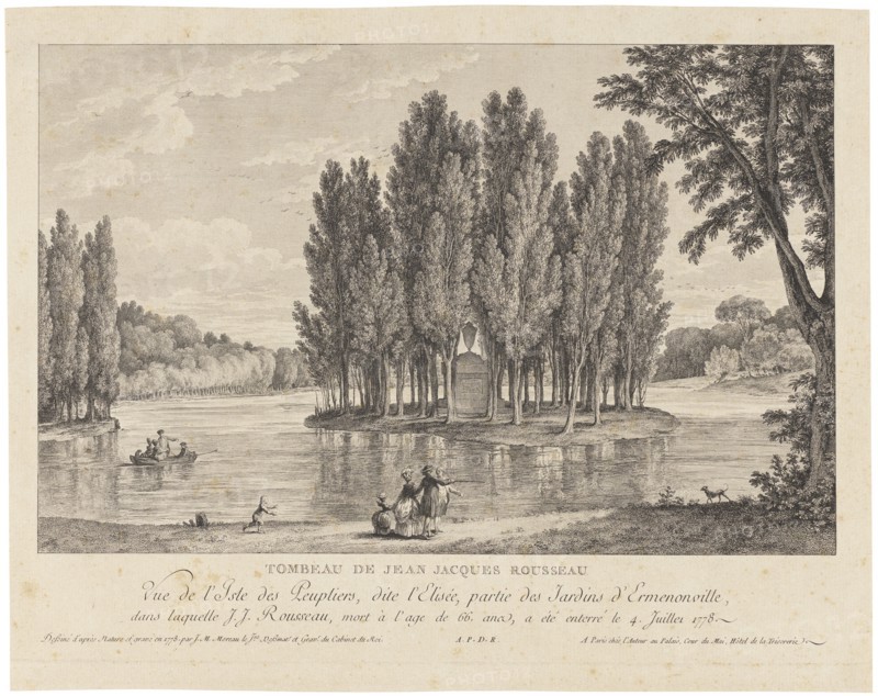 Jean Jacques Rousseau's grave care. View of L'île des Peupliers, called L'Elisée, the park..., 1778. Creator: Jean-Michel Moreau.