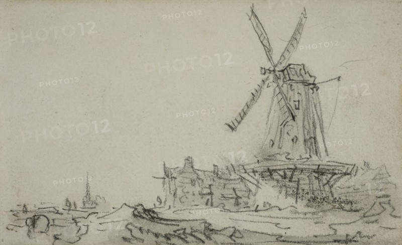 Landscape with a large windmill by a farm, in the distance in the background a..., ca 1650–1651. Creator: Unknown.