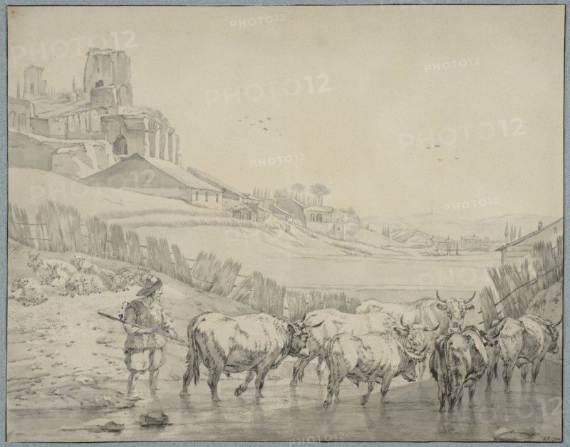 Shepherd with cattle on a river bank. Creator: Unknown.