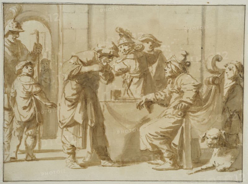 Old man receiving a helper (scene from the old testament?). Creator: Unknown.