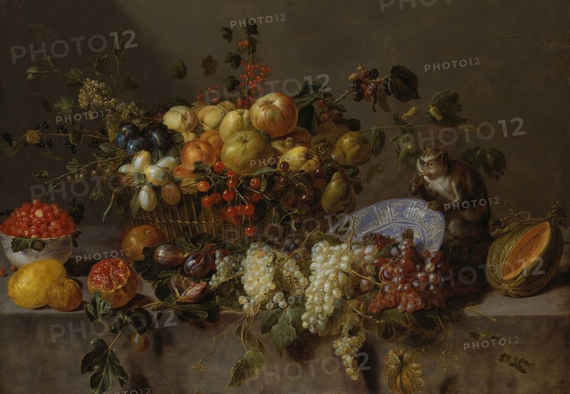 Still Life with Fruit and a Monkey eating Grapes, 1635. Creator: Adriaen van Utrecht.
