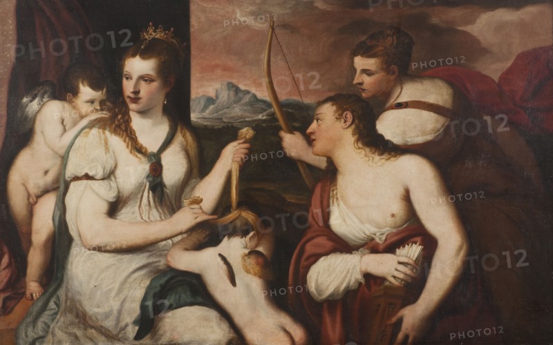 Venus blindfolds Cupid's eyes, mid-16th century. Creator: Andrea Schiavone.