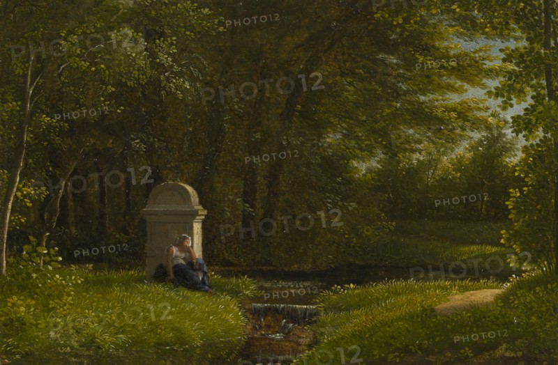 Watercourse by forest clearing with altar dedicated to Love in the northern park at Ermenonville. Creator: Alexandre Haycinthe Dunouy.