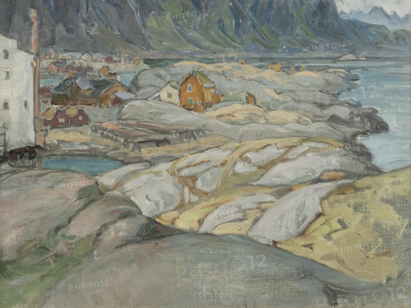The Village at the Foot of the Mountain. Study from Lofoten, 1912. Creator: Anna Katarina Boberg.