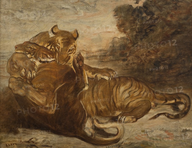 Two Tigers at Play, early-mid 19th century. Creator: Antoine-Louis Barye.