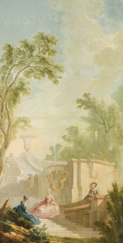 Garden landscape with figures by a fountain. Creator: Lorens Gottman.