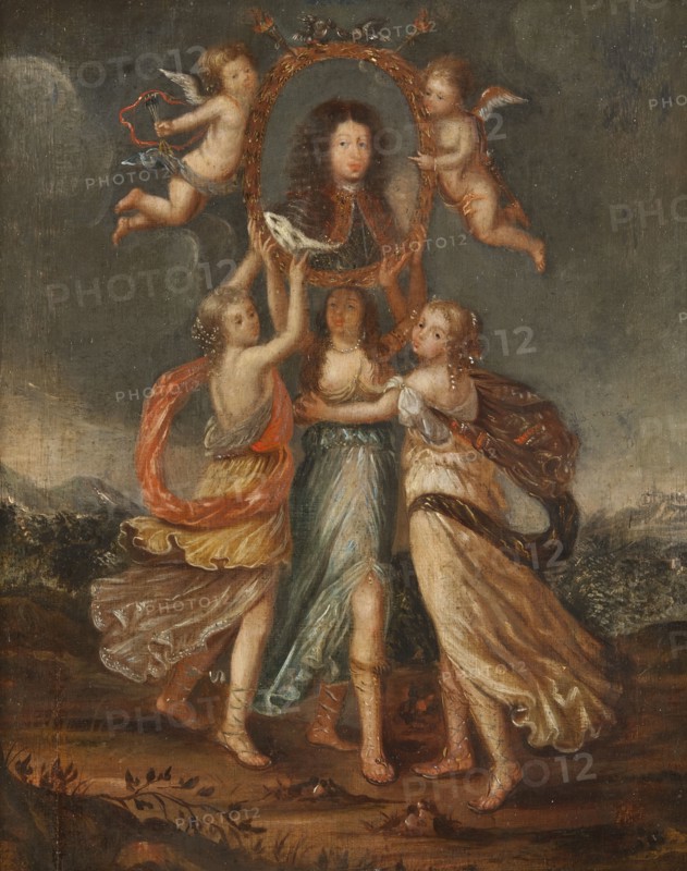 Three Allegorical Figures Bearing the Portrait of Karl XI of Sweden, c17th century. Creator: David Klocker Ehrenstrahl.