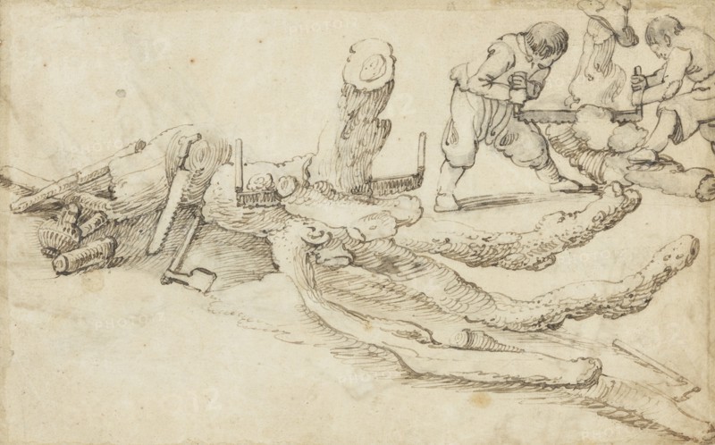 Woodcutters Cutting up Tree Trunks. Creator: Jan van de Velde II.