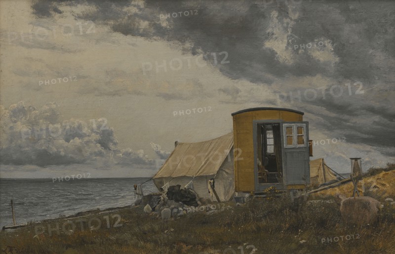 View of a Shore with the Artist's Wagon and Tent at Enö, 1913. Creator: Laurits Andersen Ring.