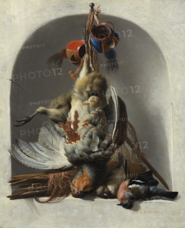 Still Life with Birds and Hunting Gear in a Niche,  c.1633. Creator: Melchior d'Hondecoeter.